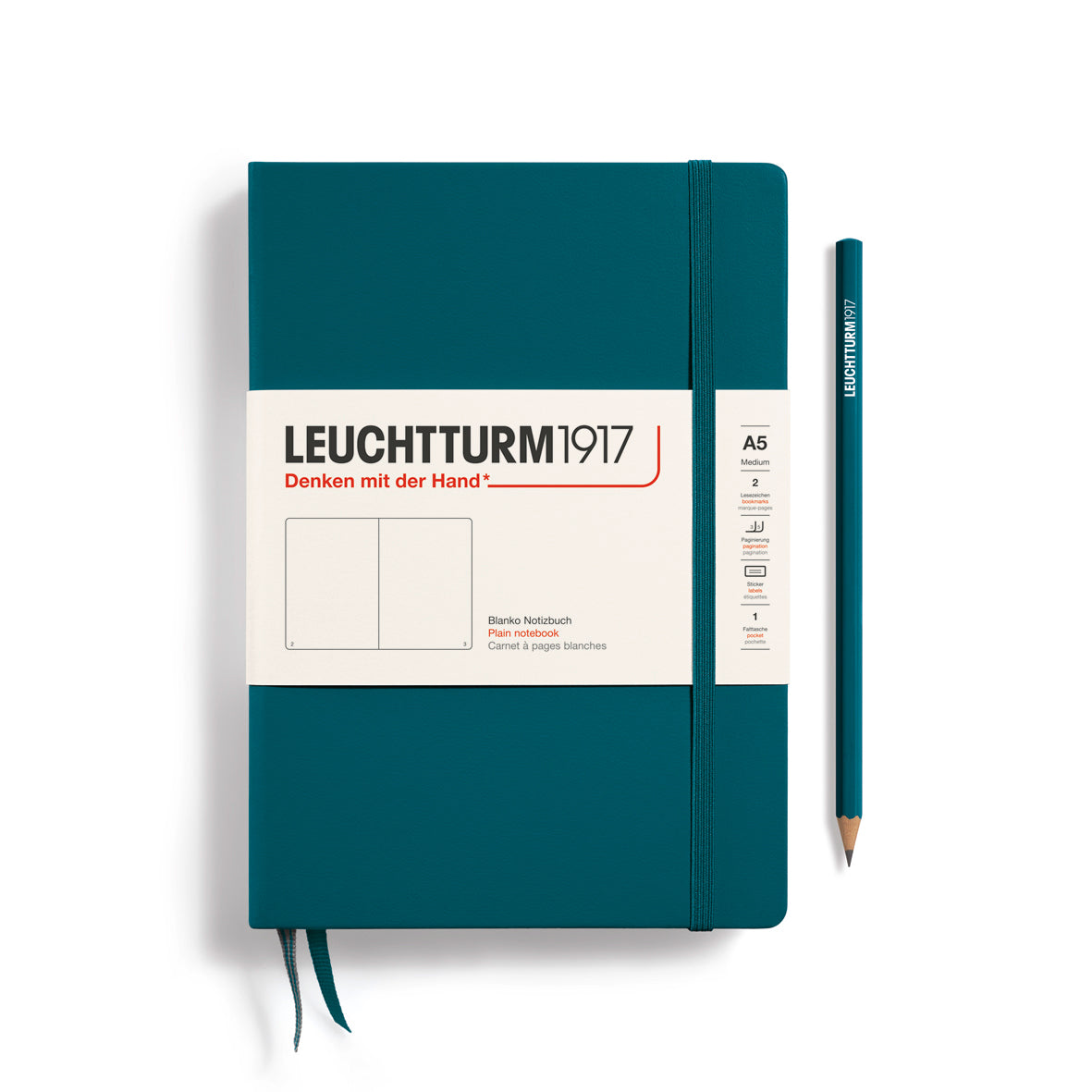 Teal notebook with Leuchtturm1917 branding on a white background