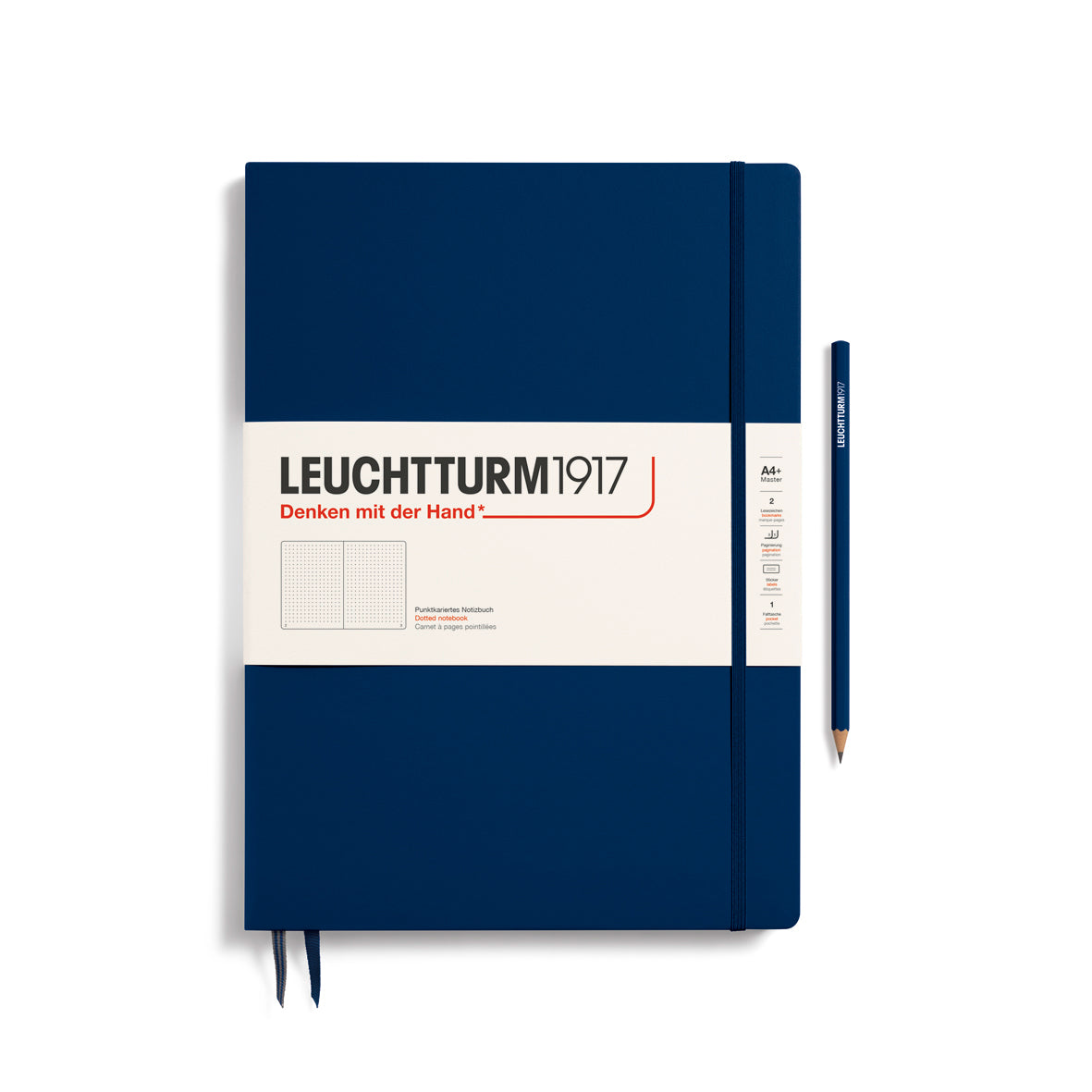 Blue notebook with white label featuring 'Leuchtturm1917' on a white background