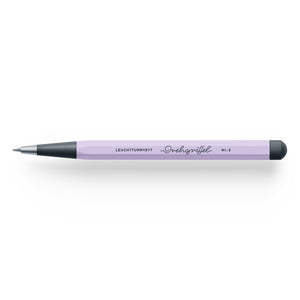 Purple pencil with black accents on a white background