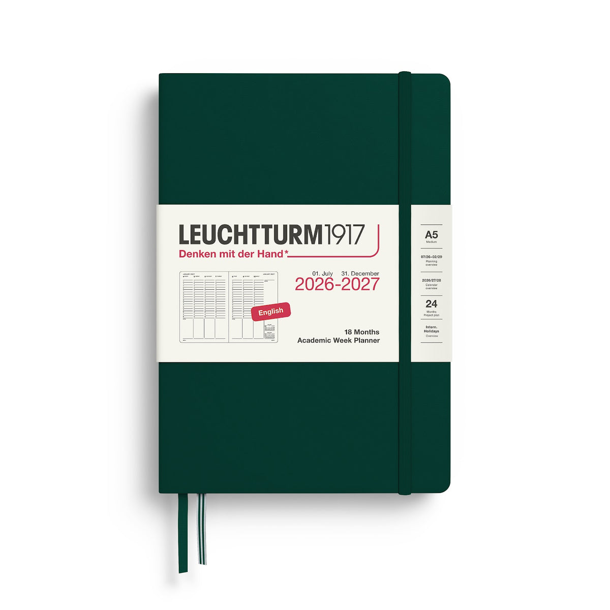 Green notebook with white cover displaying Leuchtturm1917 branding and 2026-2027 planner details.