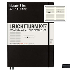 Leuchtturm1917 sheet music notebook with black cover and white front panel on a white background