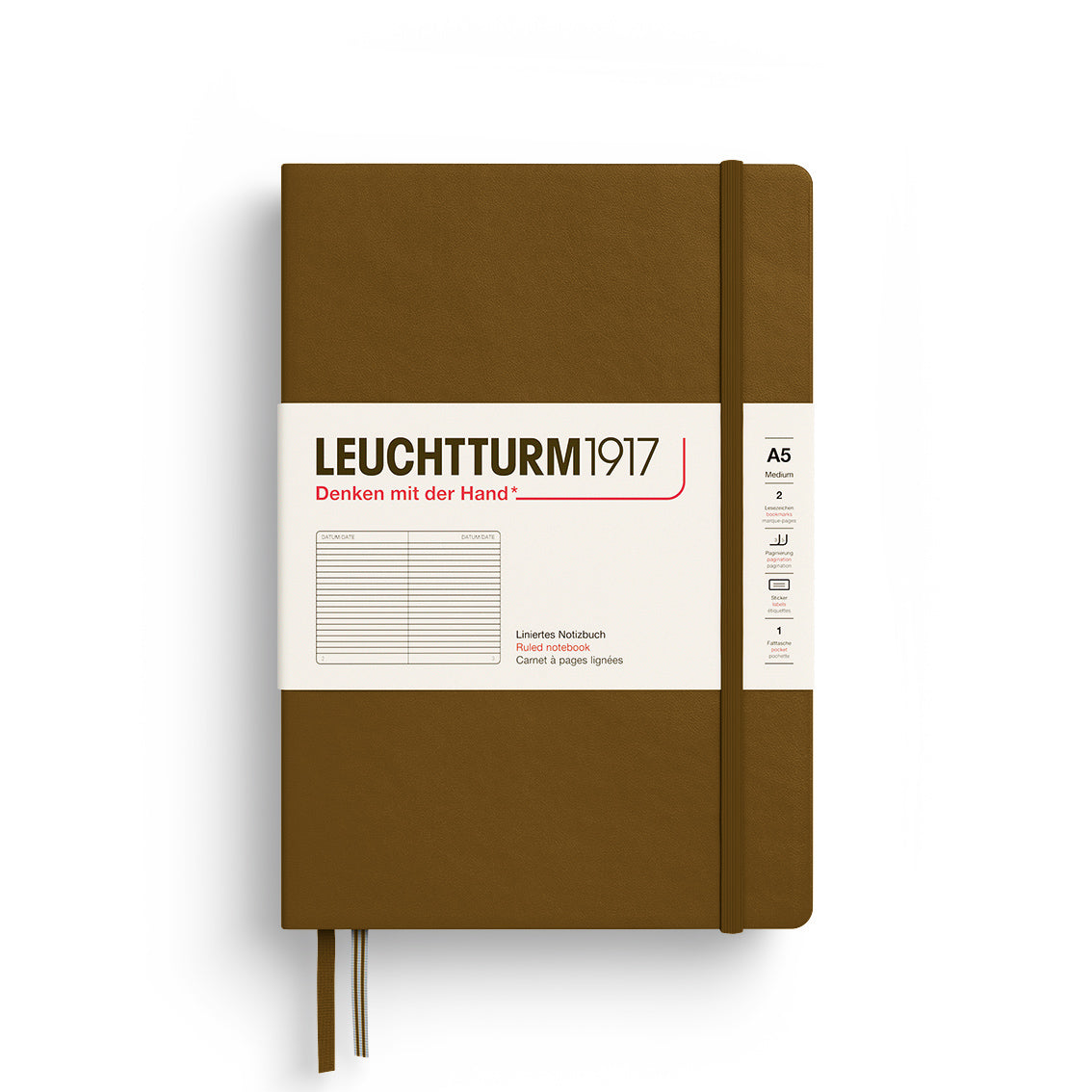 Brown notebook with Leuchtturm1917 branding on a white background