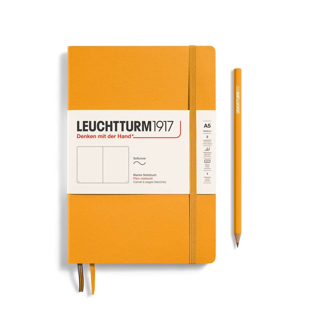 Orange notebook with white label and pencil on a white background, featuring Leuchtturm1917 branding.