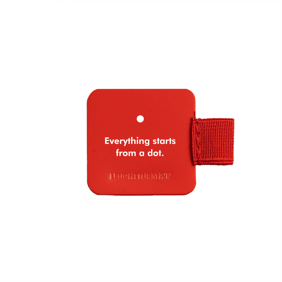 Red square card with text 'Everything starts from a dot.' with pen loop on a white background