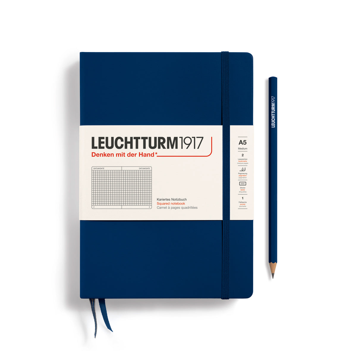 Blue notebook with Leuchtturm1917 branding on a white background