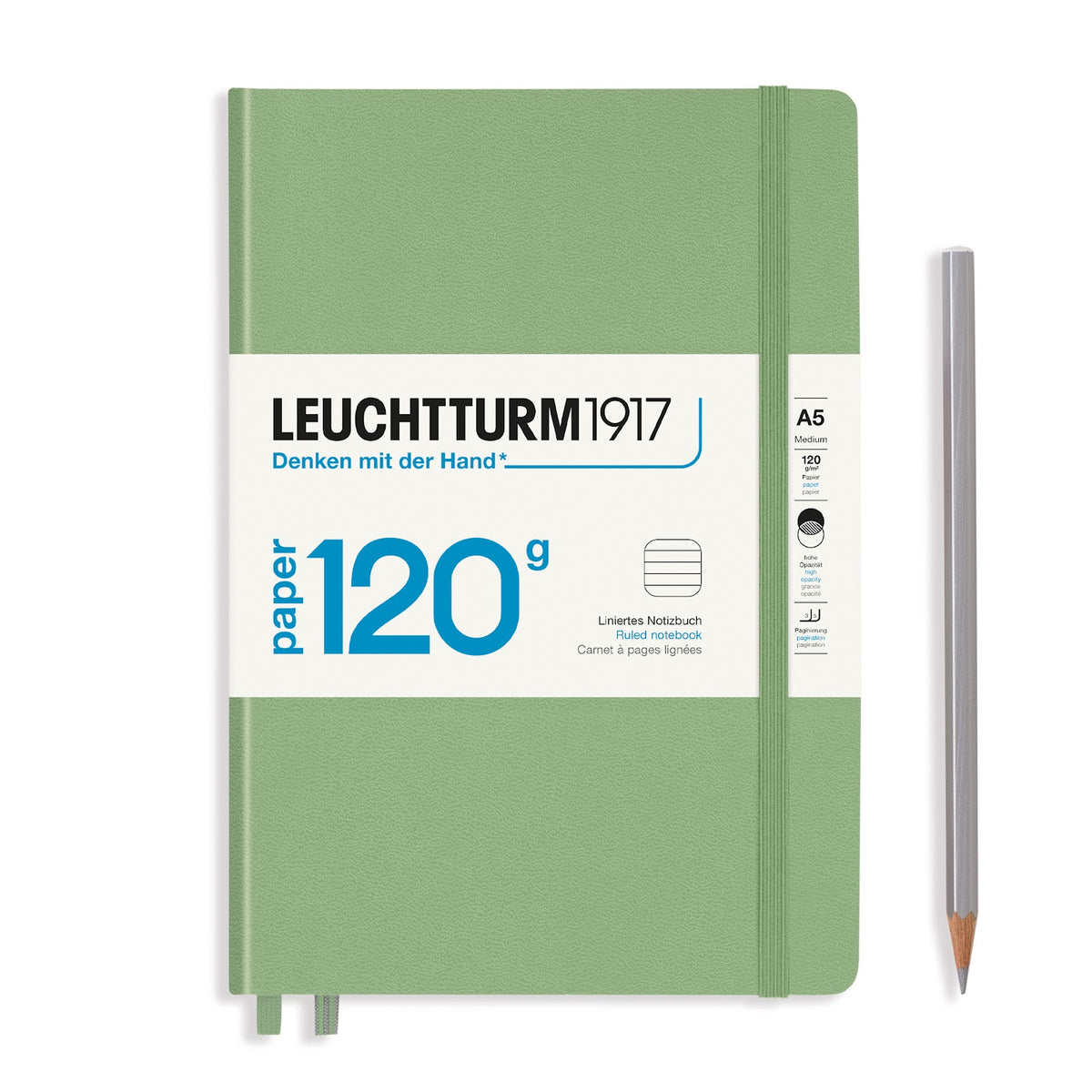 Green notebook with white label and pencil on a white background