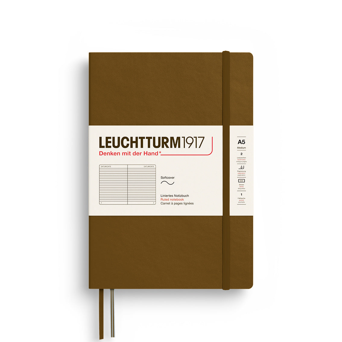Brown notebook with Leuchtturm1917 branding on a white background