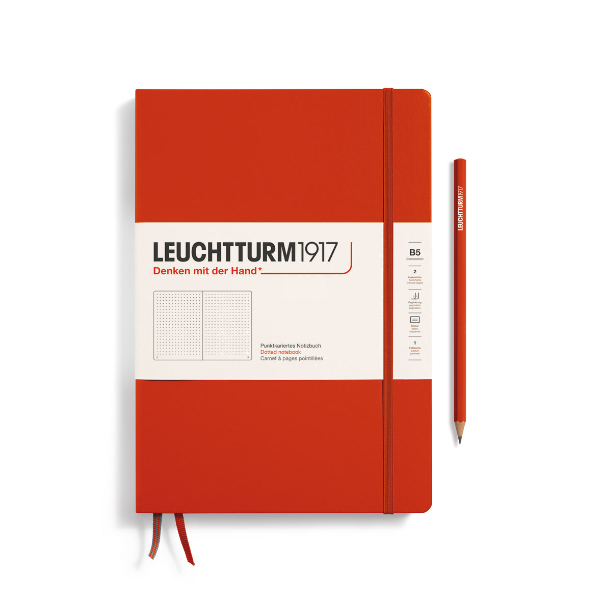 Red notebook with white label featuring 'Leuchtturm1917' branding on a white background.