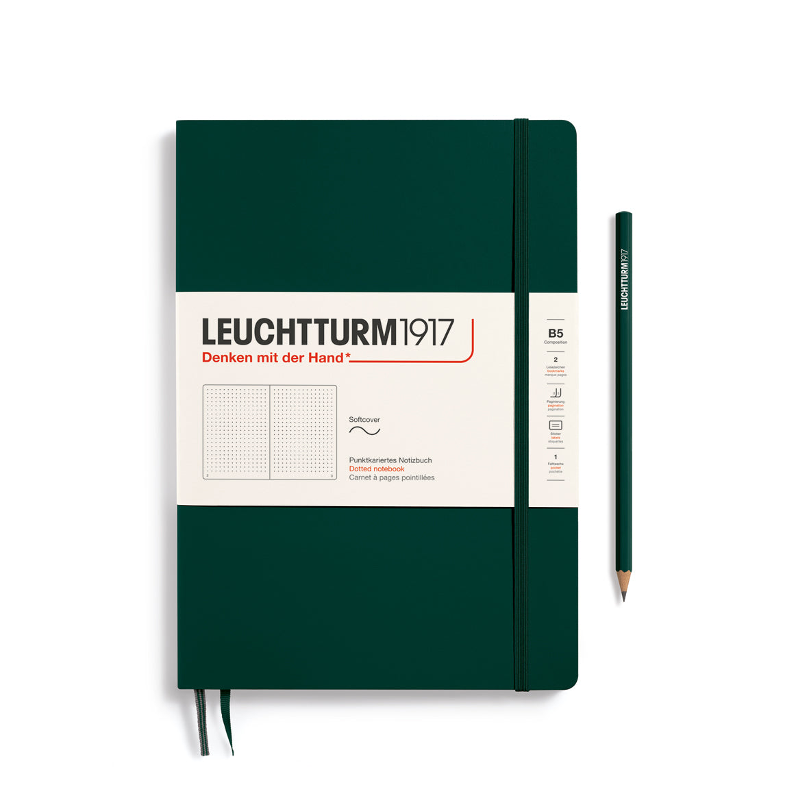 Green notebook with Leuchtturm1917 branding and a pencil on a white background