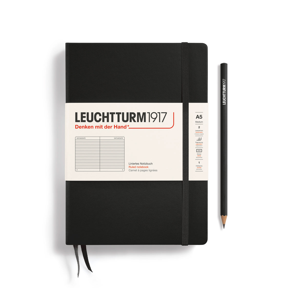 Black notebook with Leuchtturm1917 branding on a white background