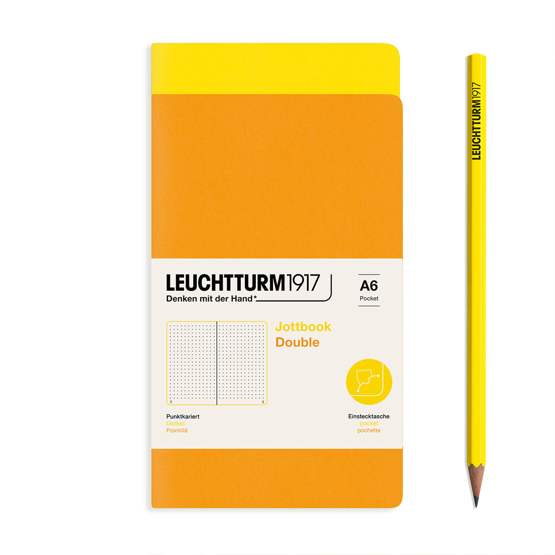 Orange notebook with a yellow pencil on a white background, featuring Leuchtturm1917 branding.