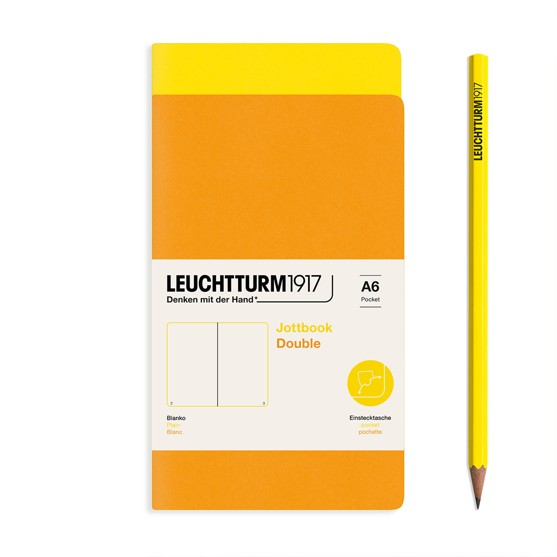 Orange notebook with yellow cover and matching pencil on a white background