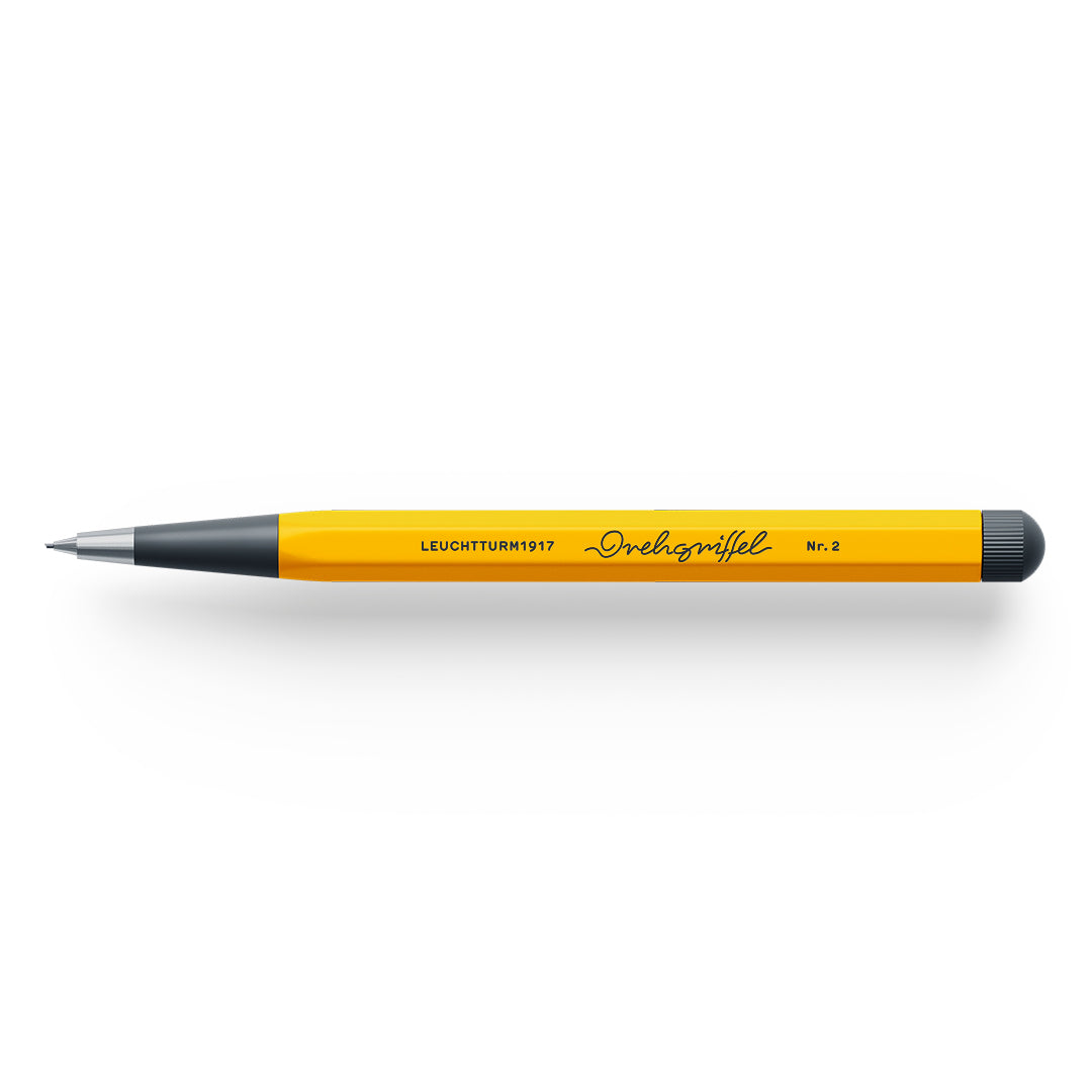 Yellow pencil with black accents on a white background