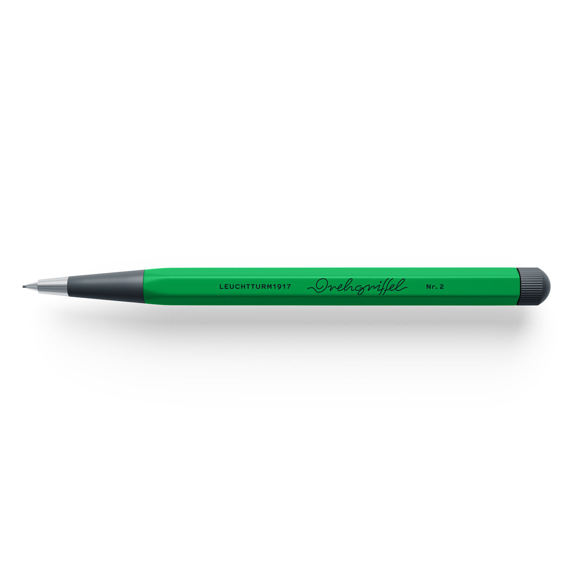 Green pencil with black accents on a white background