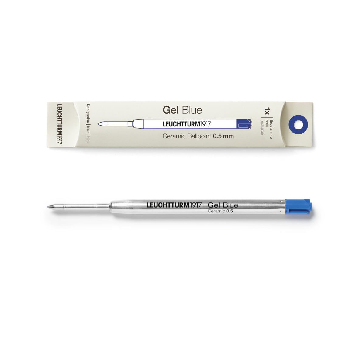 Leuchtturm1917 gel ink pen refills with packaging on a white background