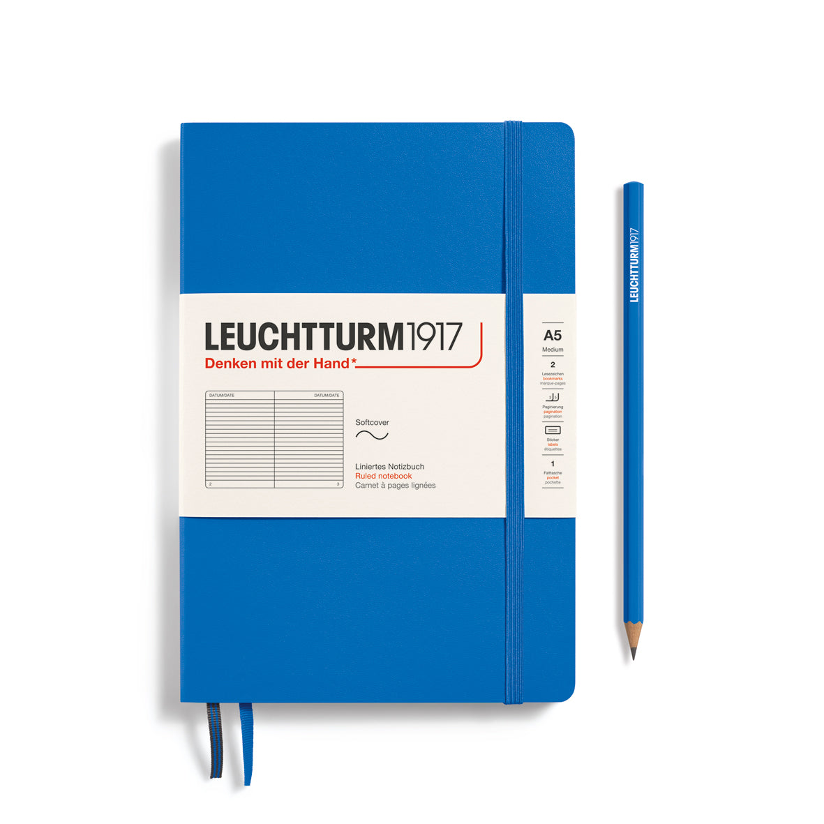 Blue notebook with pencil on a white background, featuring Leuchtturm1917 branding.