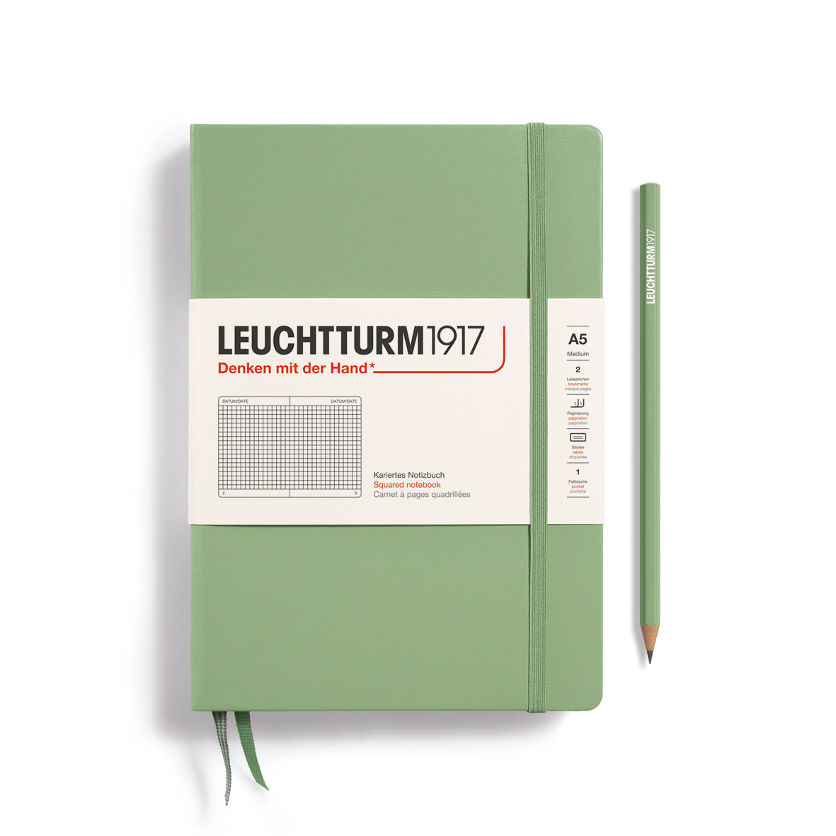 Green notebook with Leuchtturm1917 branding on a white background
