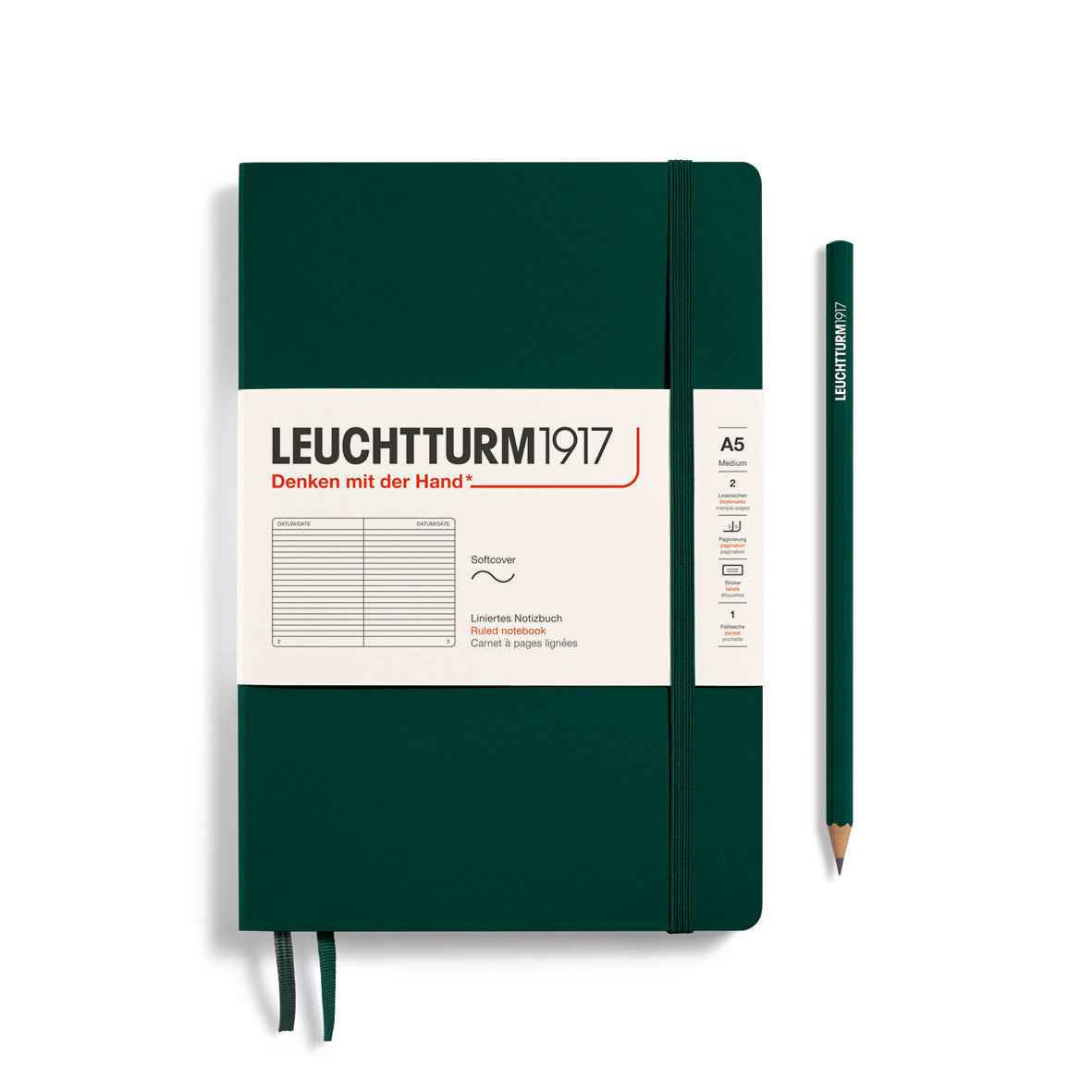 Green notebook with pencil on a white background, featuring Leuchtturm1917 branding.