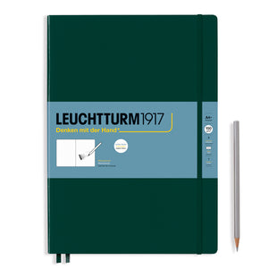 Green notebook with blue label featuring 'Leuchtturm1917' branding on a white background.
