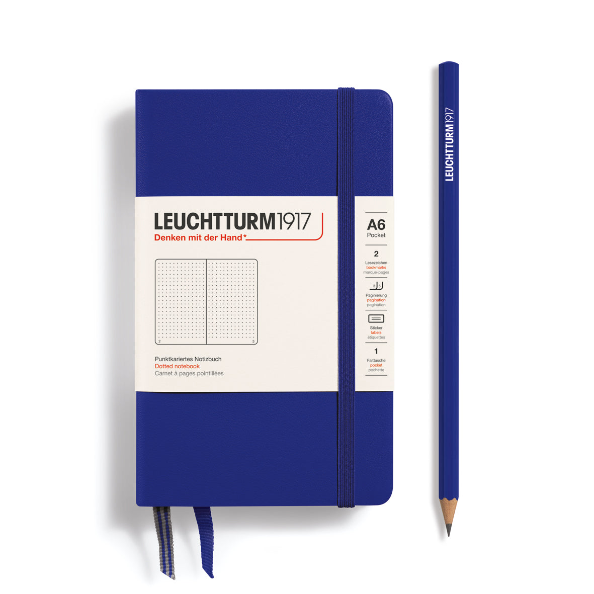 Blue notebook with a pencil on a white background, featuring Leuchtturm1917 branding.