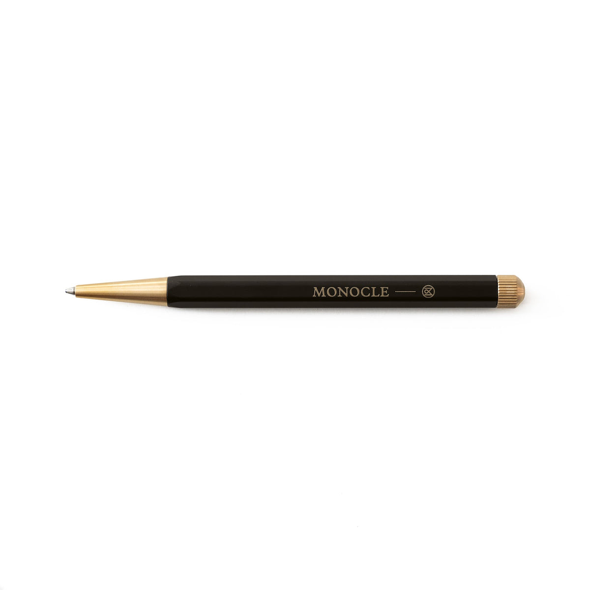 Black pen with gold accents on a white background
