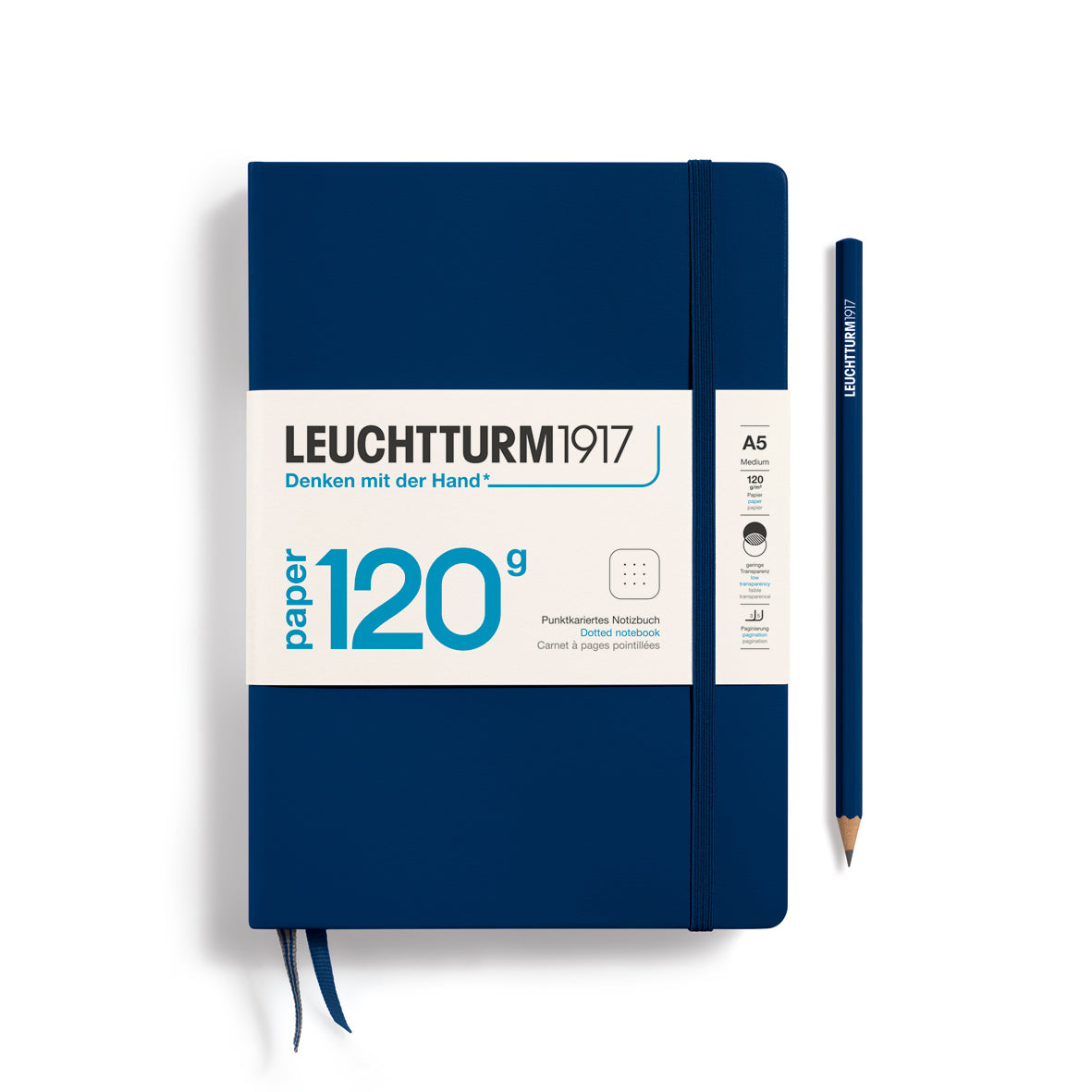 Blue notebook with Leuchtturm1917 branding and a pencil on a white background