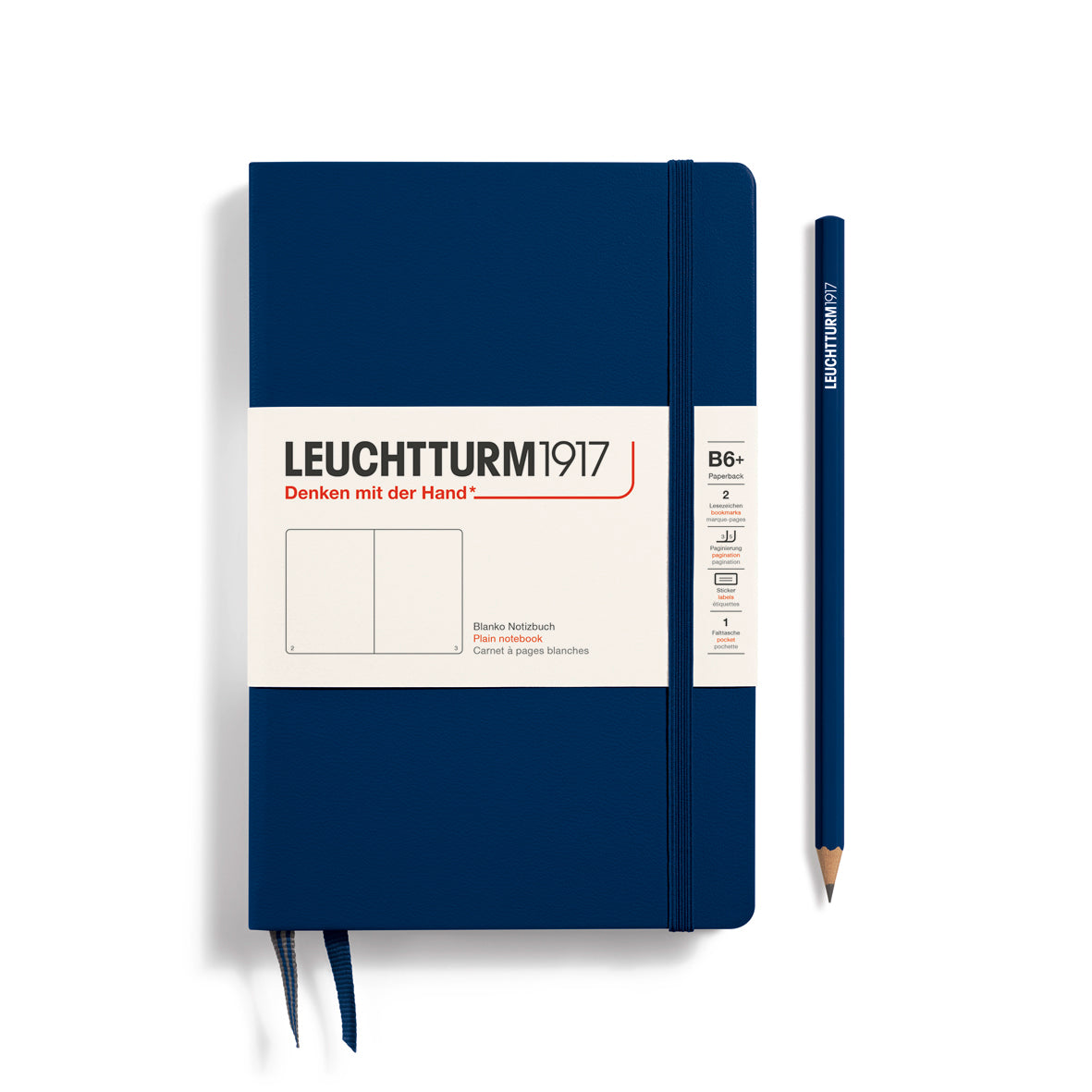Blue notebook with Leuchtturm1917 branding and a pencil on a white background