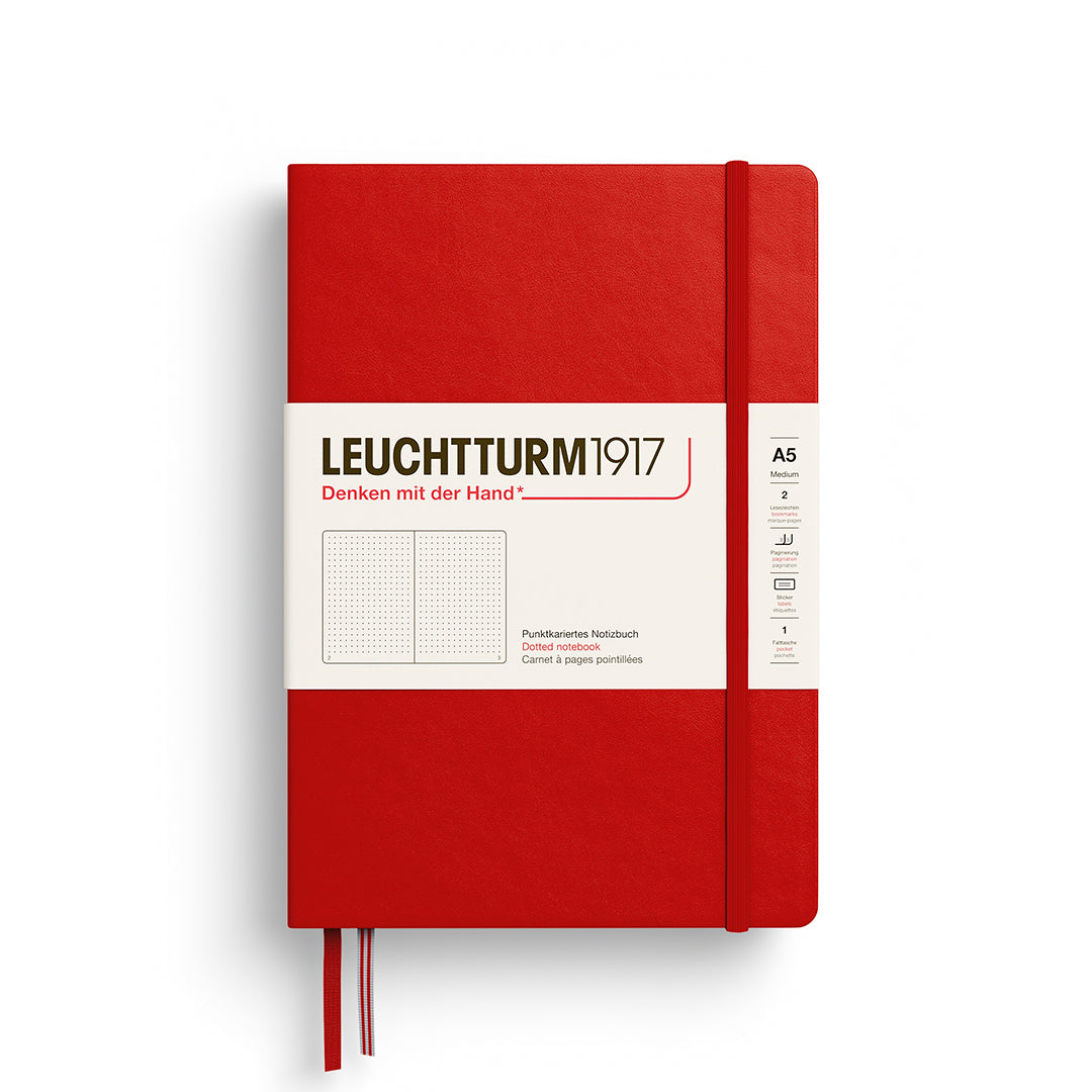 Red notebook with white label featuring 'Leuchtturm1917' on a white background