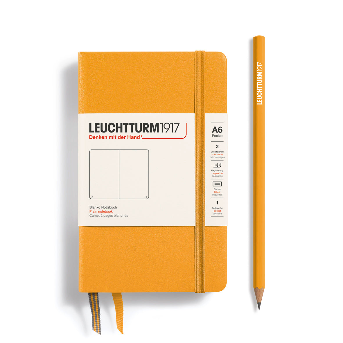 Orange notebook with white label and matching pencil on a white background