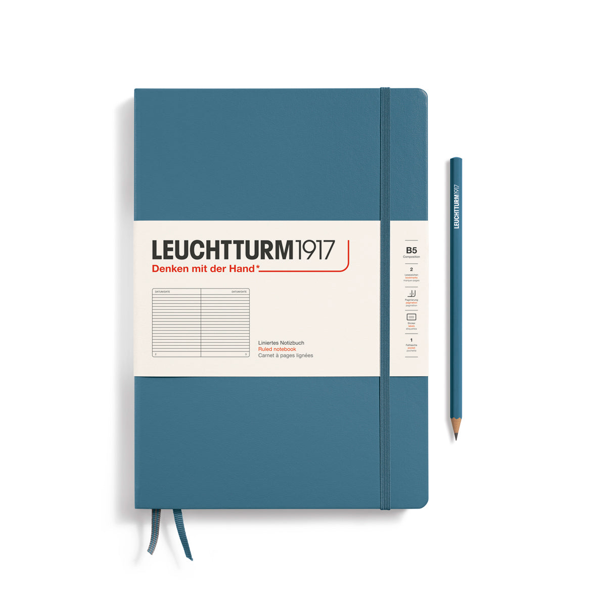 Blue notebook with white label featuring 'Leuchtturm1917' branding on a white background
