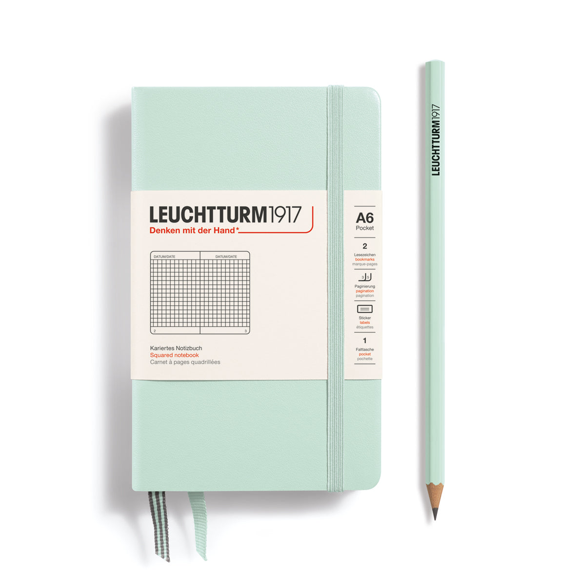Light green notebook with a pencil on a white background, featuring Leuchtturm1917 branding.