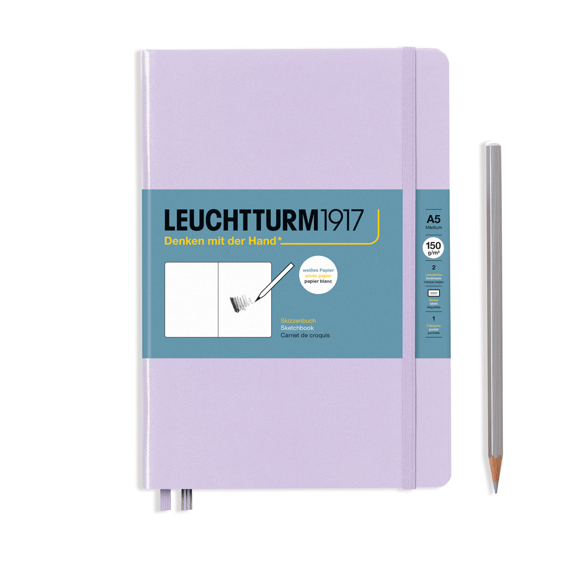 Purple notebook with Leuchtturm1917 branding and a pencil on a white background
