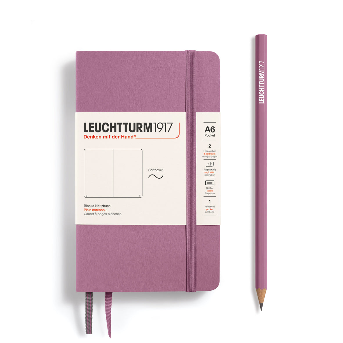 Purple notebook with a pencil on a white background, featuring Leuchtturm1917 branding.