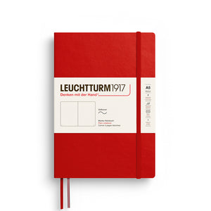 Red notebook with white label featuring 'Leuchtturm1917' on a white background