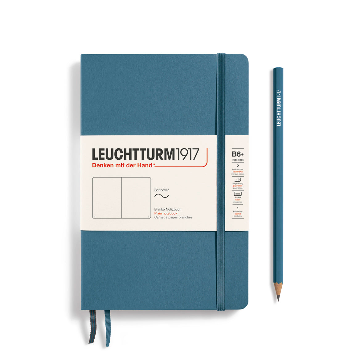 Blue notebook with a pencil on a white background, featuring Leuchtturm1917 branding.