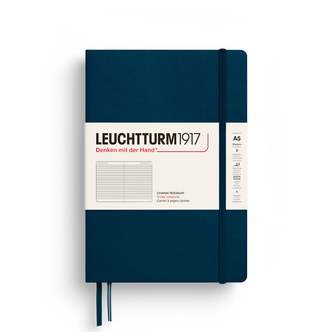 Blue notebook with white label featuring 'Leuchtturm1917' on a white background