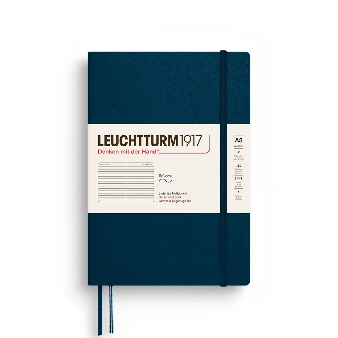 Blue notebook with Leuchtturm1917 branding on a white background