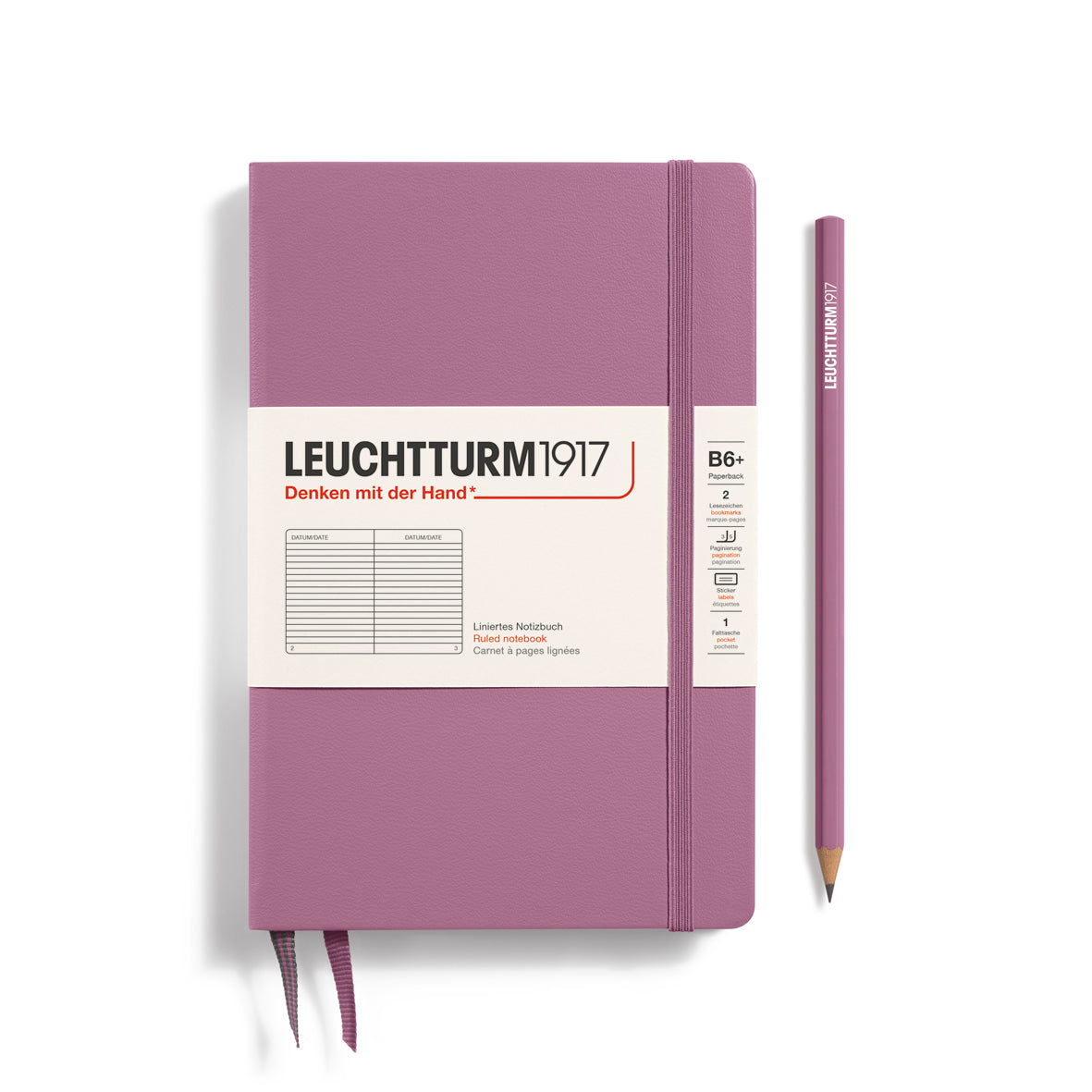 Purple notebook with a pencil on a white background, featuring Leuchtturm1917 branding.