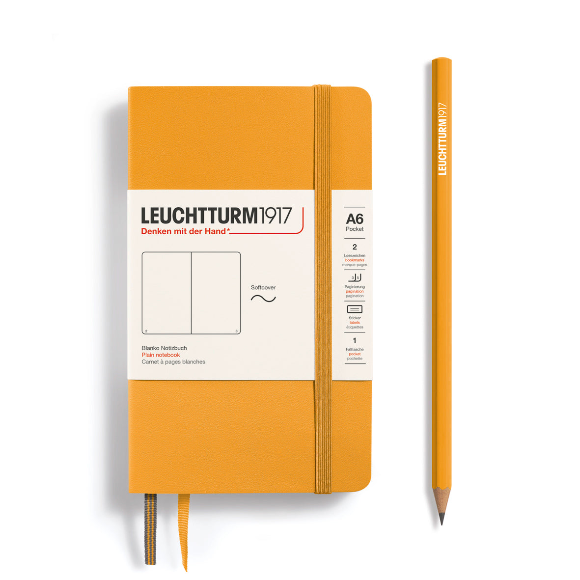 Orange notebook with a pencil on a white background, featuring Leuchtturm1917 branding.