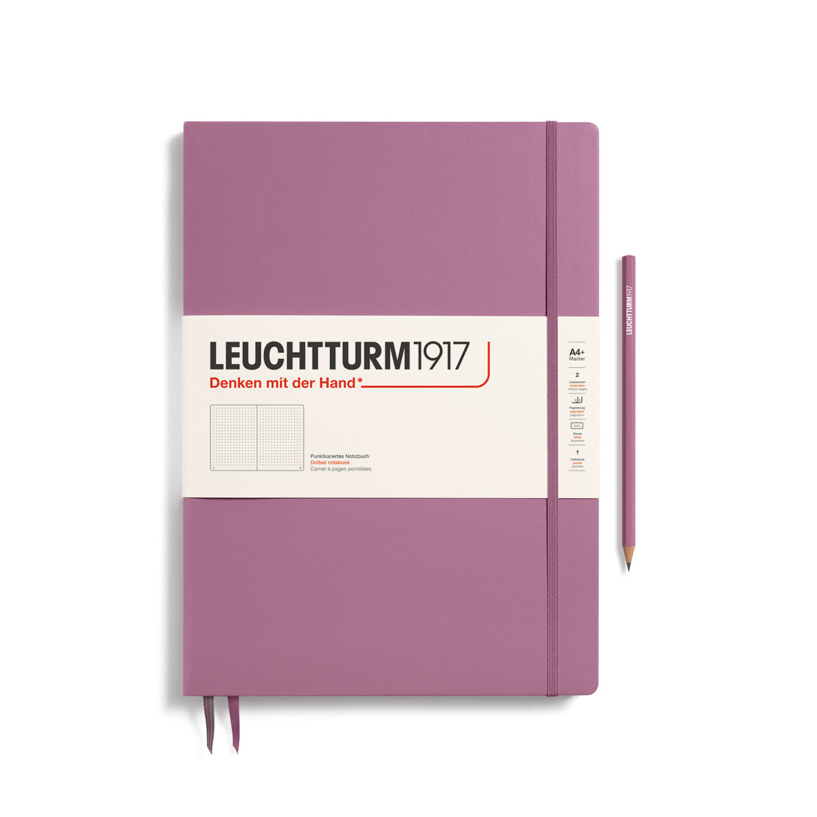 Purple notebook with a pen on a white background, featuring Leuchtturm1917 branding.