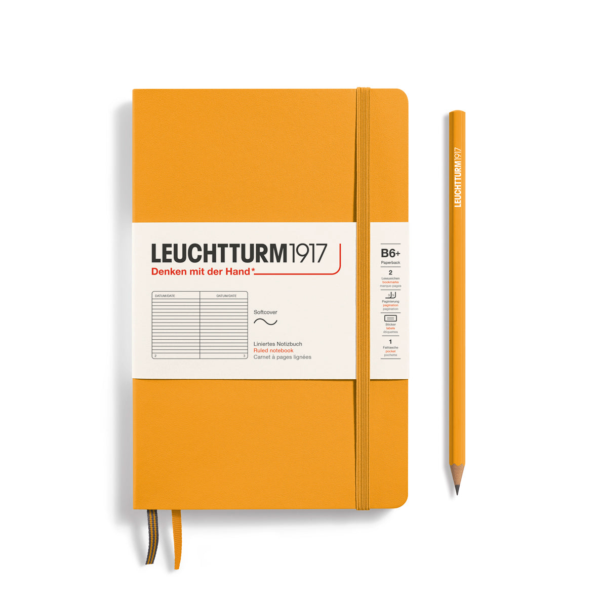 Orange notebook with a pencil on a white background, featuring Leuchtturm1917 branding.