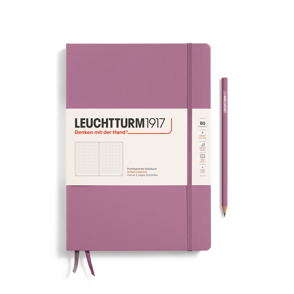 Purple notebook with white label featuring 'Leuchtturm1917' on a white background