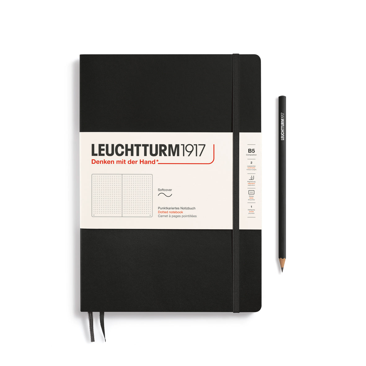 Purple notebook with a pencil on a white background, featuring Leuchtturm1917 branding.