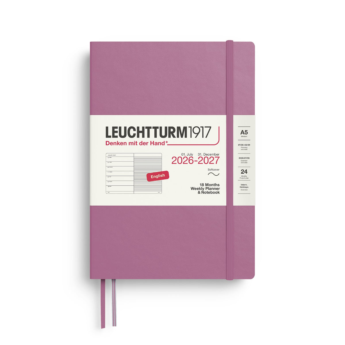 Pink notebook with Leuchtturm1917 branding on a white background