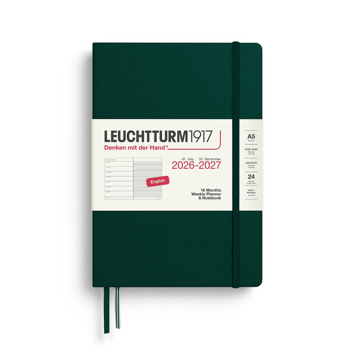 Green Leuchtturm1917 planner with white cover on a white background