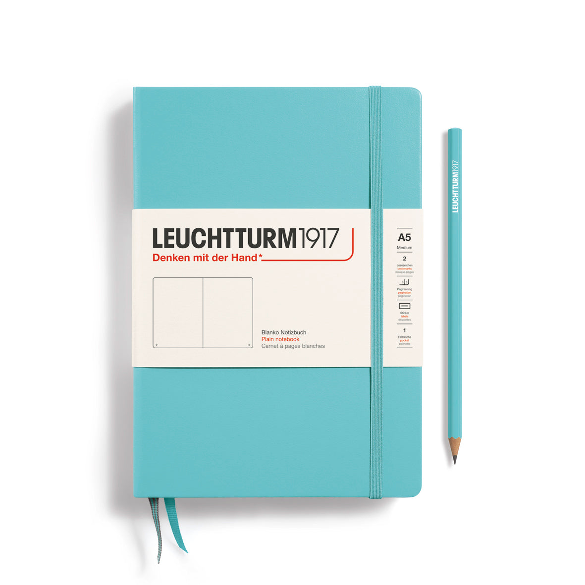 Turquoise notebook with white label featuring 'Leuchtturm1917' on a white background