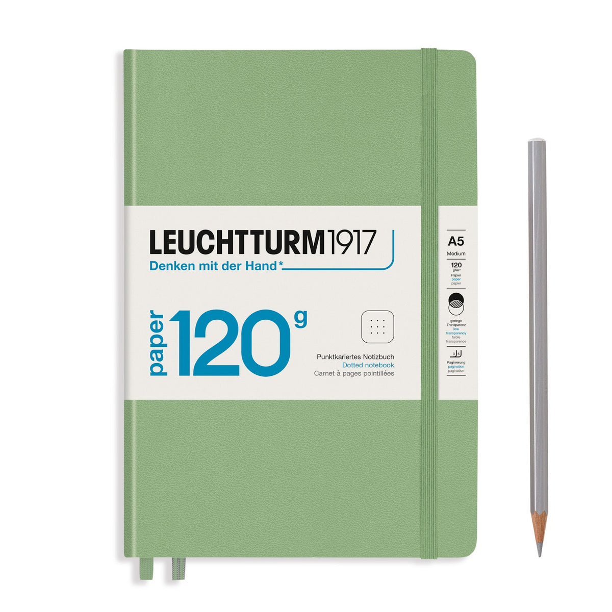 Green notebook with white label featuring 'Leuchtturm1917' branding on a white background