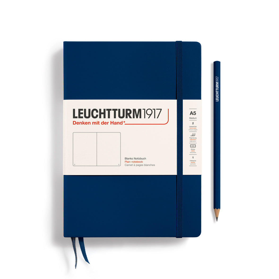 Blue notebook with Leuchtturm1917 branding on a white background