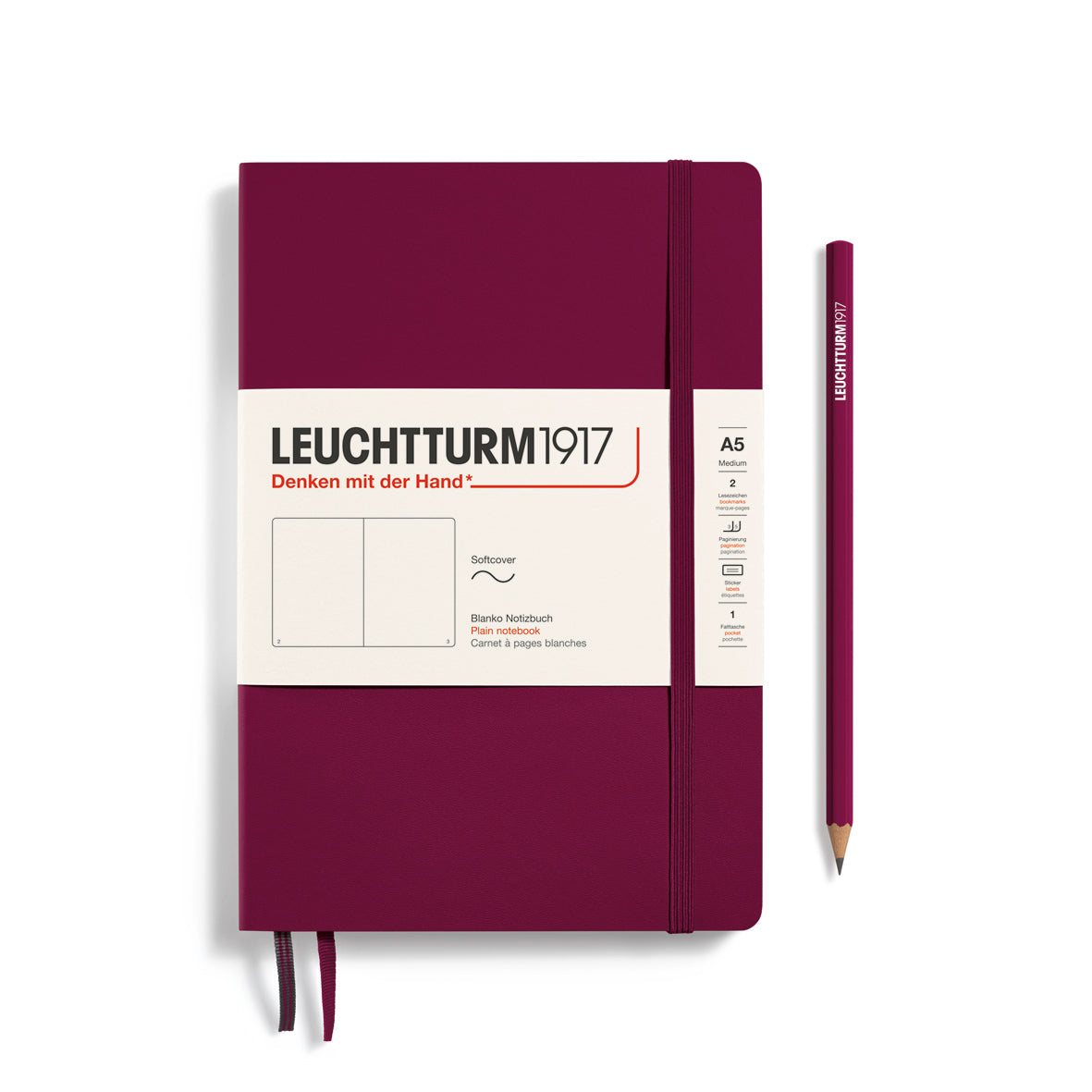 Maroon notebook with white label and pencil on a white background, featuring Leuchtturm1917 branding.