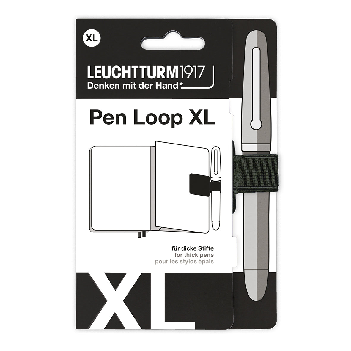 Leuchtturm1917 Pen Loop XL packaging with pen and notebook illustration on a white background